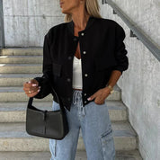 Women's Bomber Jacket - Button Closure with Flap Pockets