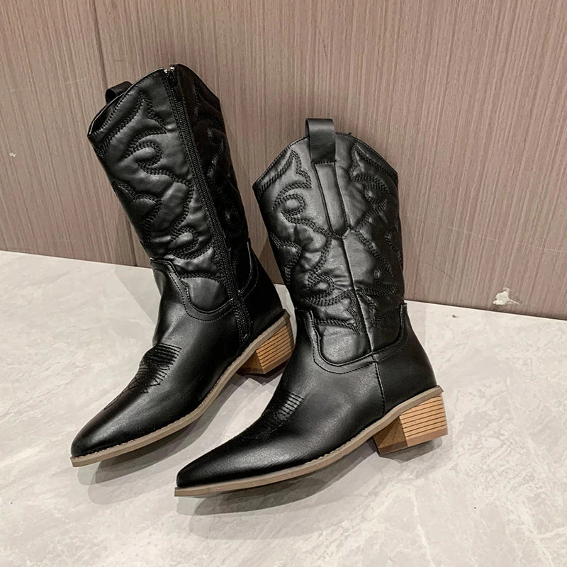Women's Calf-Length Cowboy Boots - Metallic & Zipper