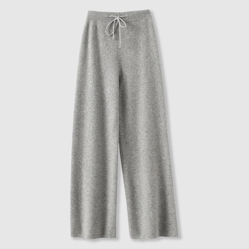 Women's Wide-Leg Trousers - Ribbed Texture and Drawstring Waist