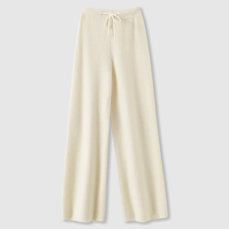 Women's Wide-Leg Trousers - Ribbed Texture and Drawstring Waist