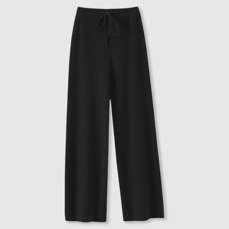 Women's Wide-Leg Trousers - Ribbed Texture and Drawstring Waist