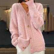 Women's Button-Front Cardigan - V-Neck with Diamond Knit Pattern