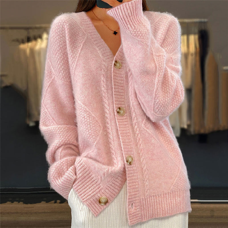 Women's Button-Front Cardigan - V-Neck with Diamond Knit Pattern