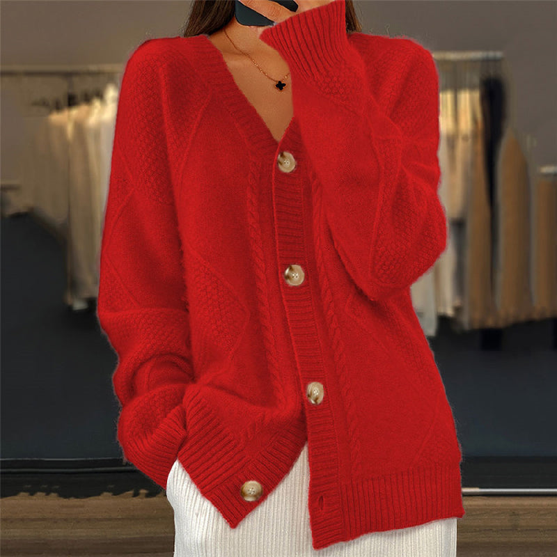 Women's Button-Front Cardigan - V-Neck with Diamond Knit Pattern