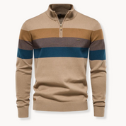 Men's Striped Jumper - Quarter-Zip and Stand Collar