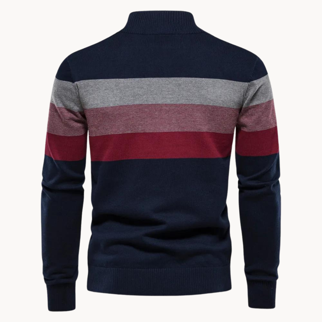Men's Striped Jumper - Quarter-Zip and Stand Collar