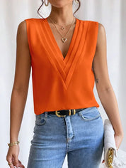 Women's Sleeveless V-Neck Pleated Top - Elegant Casual