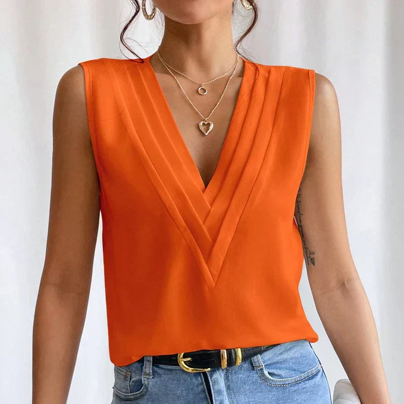Women's Sleeveless V-Neck Pleated Top - Elegant Casual