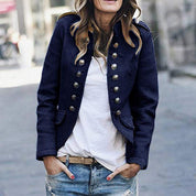 Women's Military-Style Jacket - Double-Breasted with High-Neck Collar