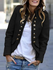 Women's Military-Style Jacket - Double-Breasted with High-Neck Collar