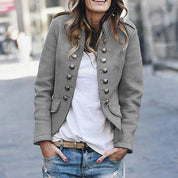 Women's Military-Style Jacket - Double-Breasted with High-Neck Collar