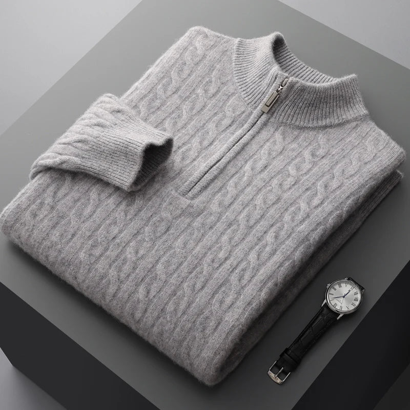 Men's Cable Knit Jumper - High Neck Quarter Zip