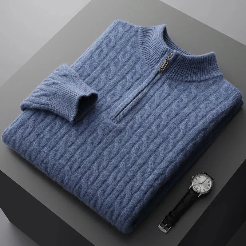 Men's Cable Knit Jumper - High Neck Quarter Zip
