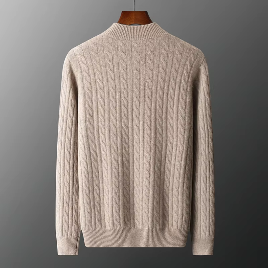Men's Cable Knit Jumper - High Neck Quarter Zip