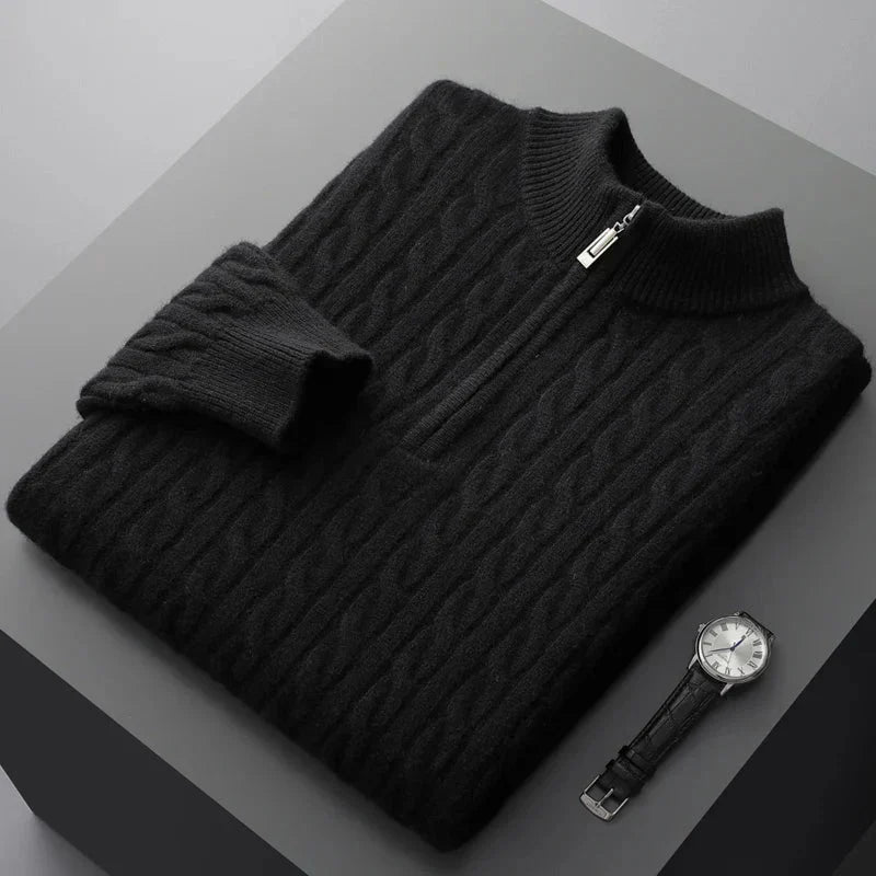 Men's Cable Knit Jumper - High Neck Quarter Zip
