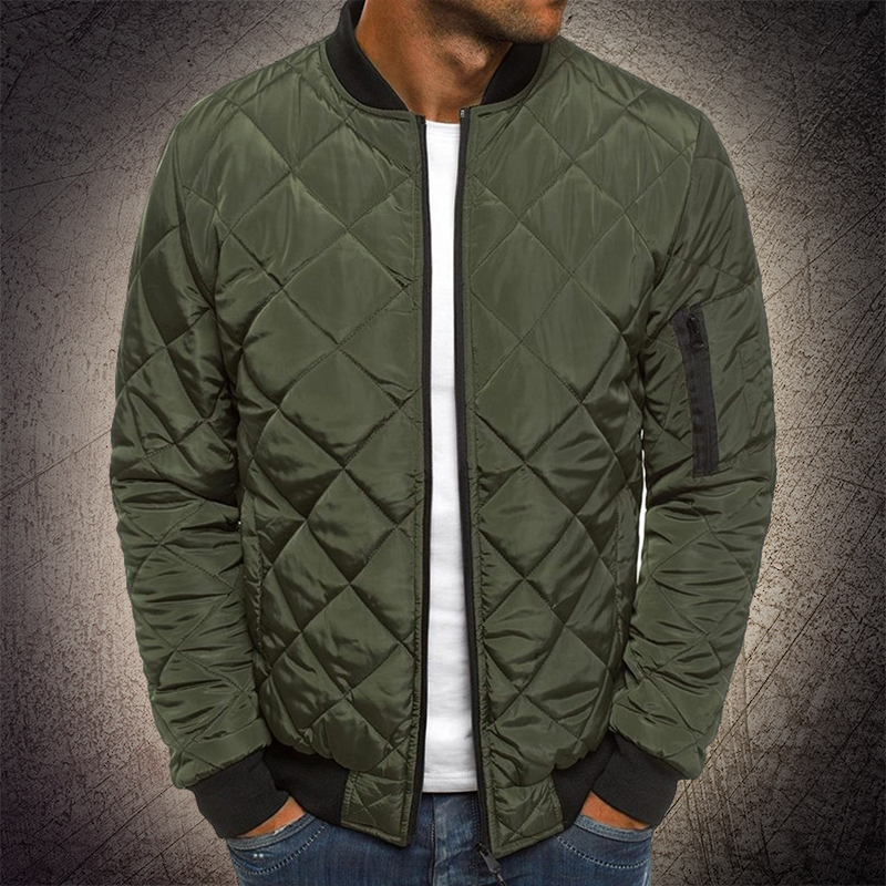 Men's Diamond Quilted Bomber Jacket - Full Zip & Zip Sleeve Pocket