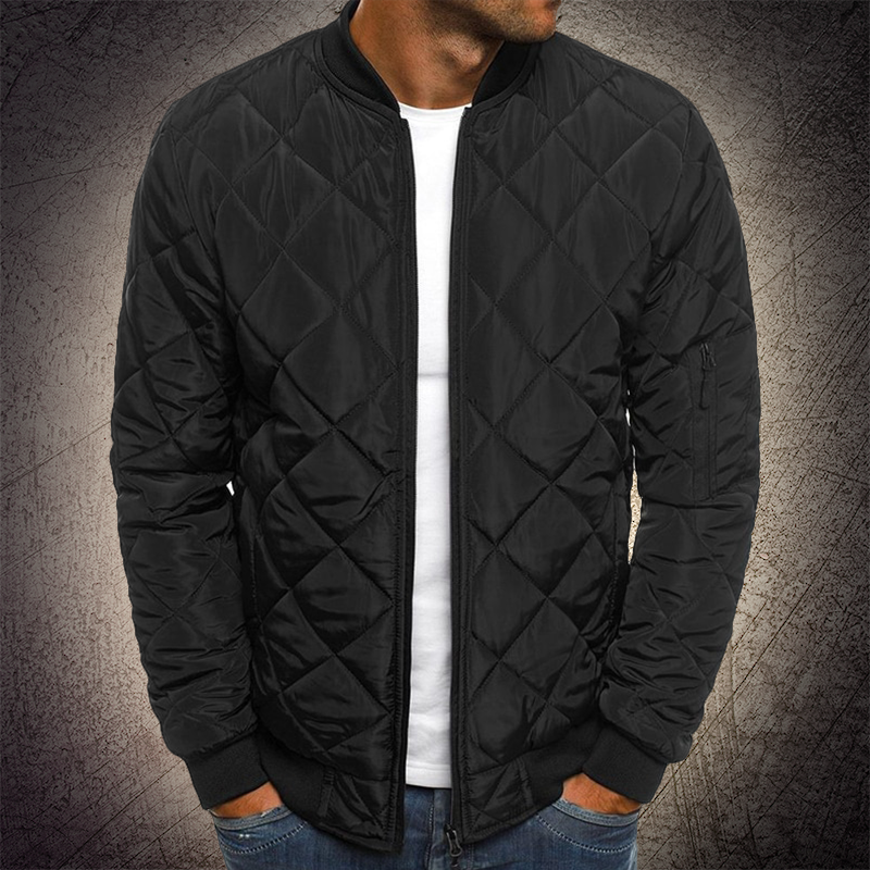 Men's Diamond Quilted Bomber Jacket - Full Zip & Zip Sleeve Pocket