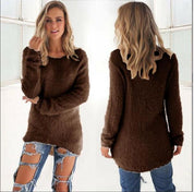 Women's Jumper - Fluffy Crew Neck with Dipped Hem