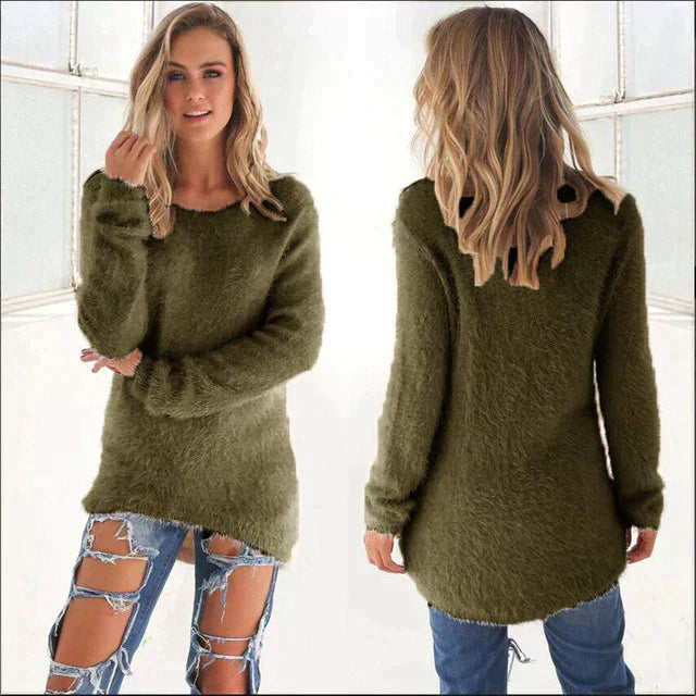 Women's Jumper - Fluffy Crew Neck with Dipped Hem