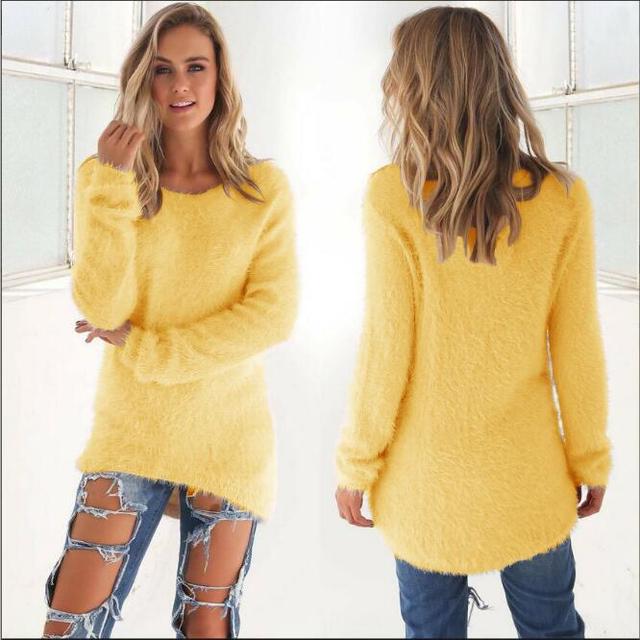 Women's Jumper - Fluffy Crew Neck with Dipped Hem