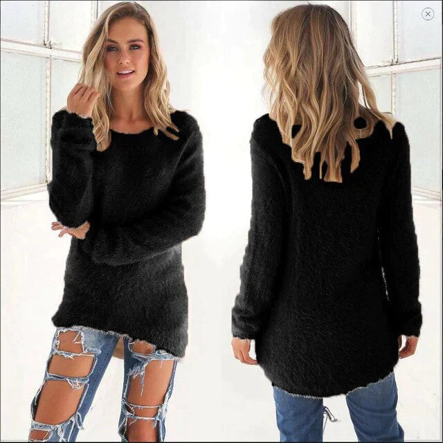 Women's Jumper - Fluffy Crew Neck with Dipped Hem