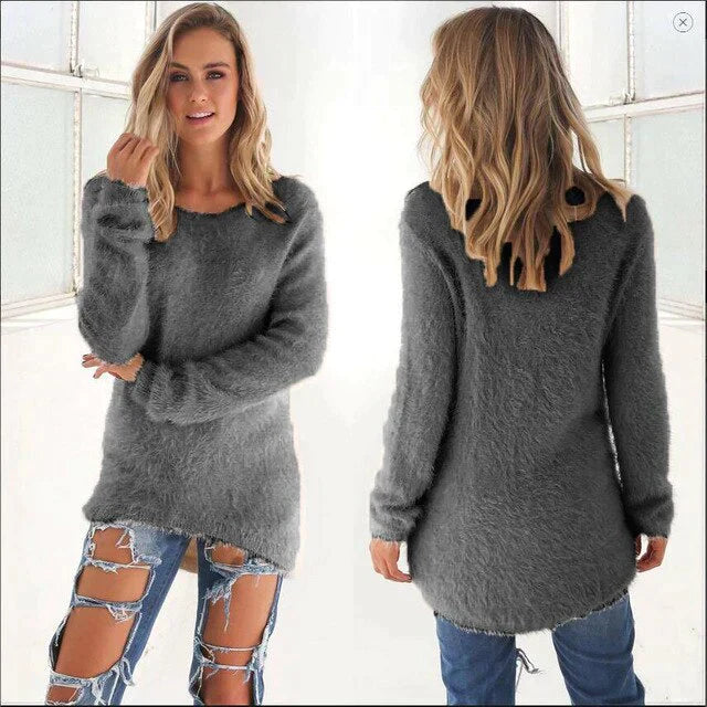 Women's Jumper - Fluffy Crew Neck with Dipped Hem
