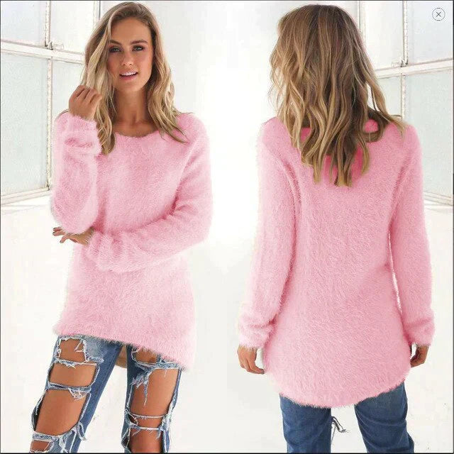 Women's Jumper - Fluffy Crew Neck with Dipped Hem