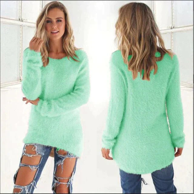 Women's Jumper - Fluffy Crew Neck with Dipped Hem