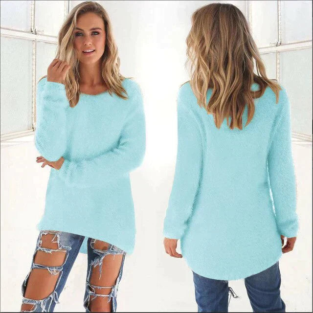Women's Jumper - Fluffy Crew Neck with Dipped Hem
