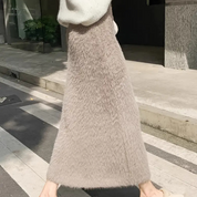 Women's Faux Fur Khaki Midi Skirt - Elegant and Cosy