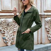 Women's Waterproof Long Hooded Jacket - Adjustable Waist Style