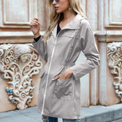 Women's Waterproof Long Hooded Jacket - Adjustable Waist Style