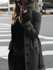 Women's Coat - Long with High Collar and Tie-Belt
