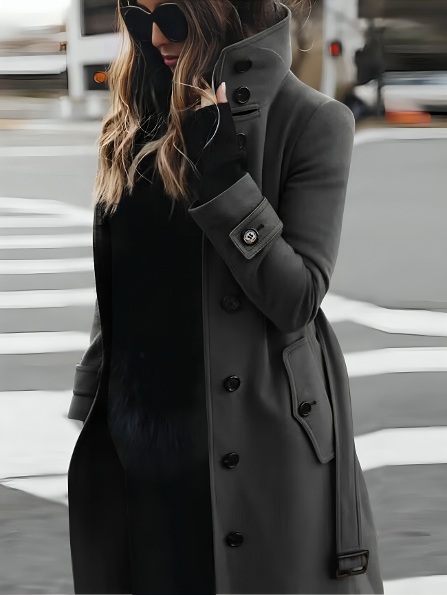 Women's Coat - Long with High Collar and Tie-Belt