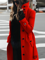 Women's Coat - Long with High Collar and Tie-Belt