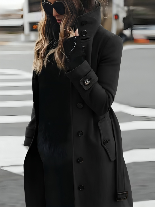 Women's Coat - Long with High Collar and Tie-Belt