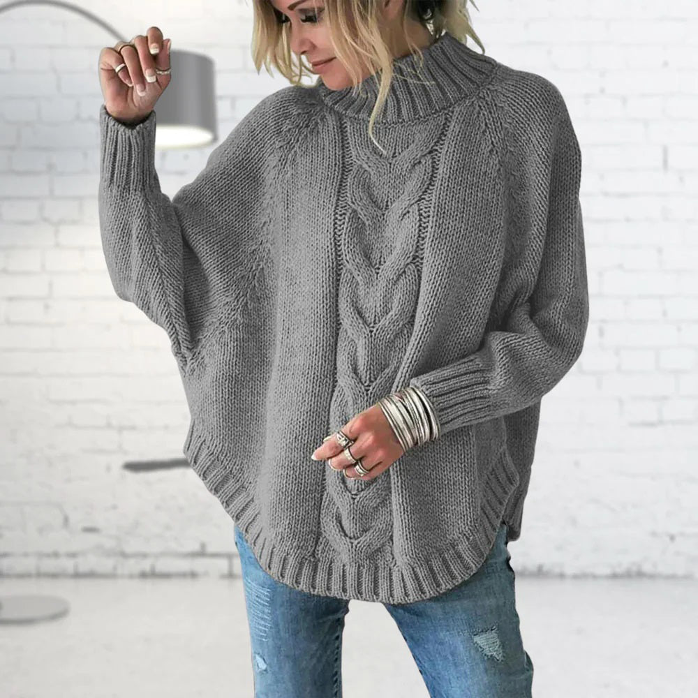 Women's Jumper - Funnel Collar with Cable Knit Pattern