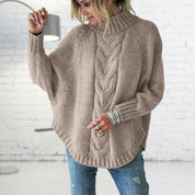 Women's Jumper - Funnel Collar with Cable Knit Pattern