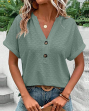 Women's V-Neck Button-Up Blouse - Short Sleeve Textured Casual