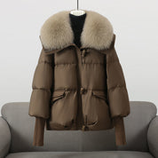 Women's Puffer Jacket - Wide Collar with Zip and Snap Closure
