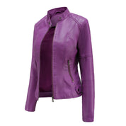Women's Leather Jacket - Biker Style & Stand-Up Collar Detail
