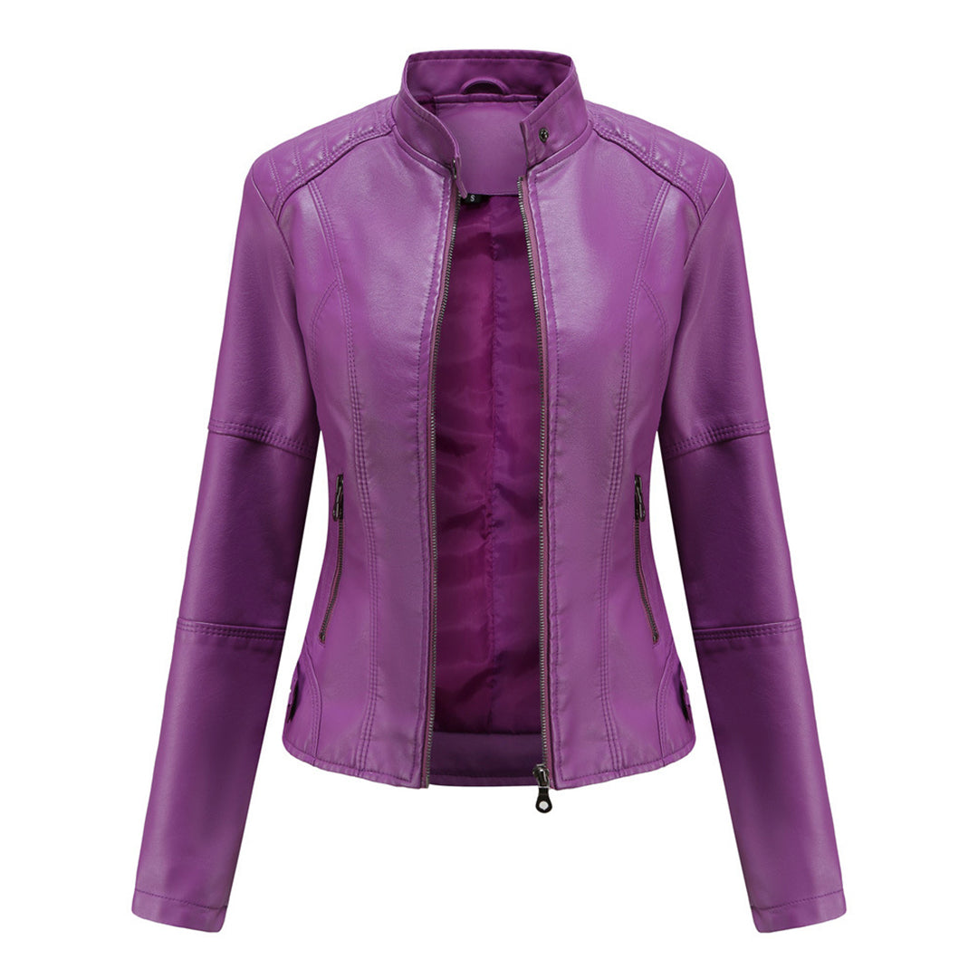 Women's Leather Jacket - Biker Style & Stand-Up Collar Detail