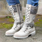 Women's Knee-High Boots - Lace-Up with Knit Cuff and Side Zip