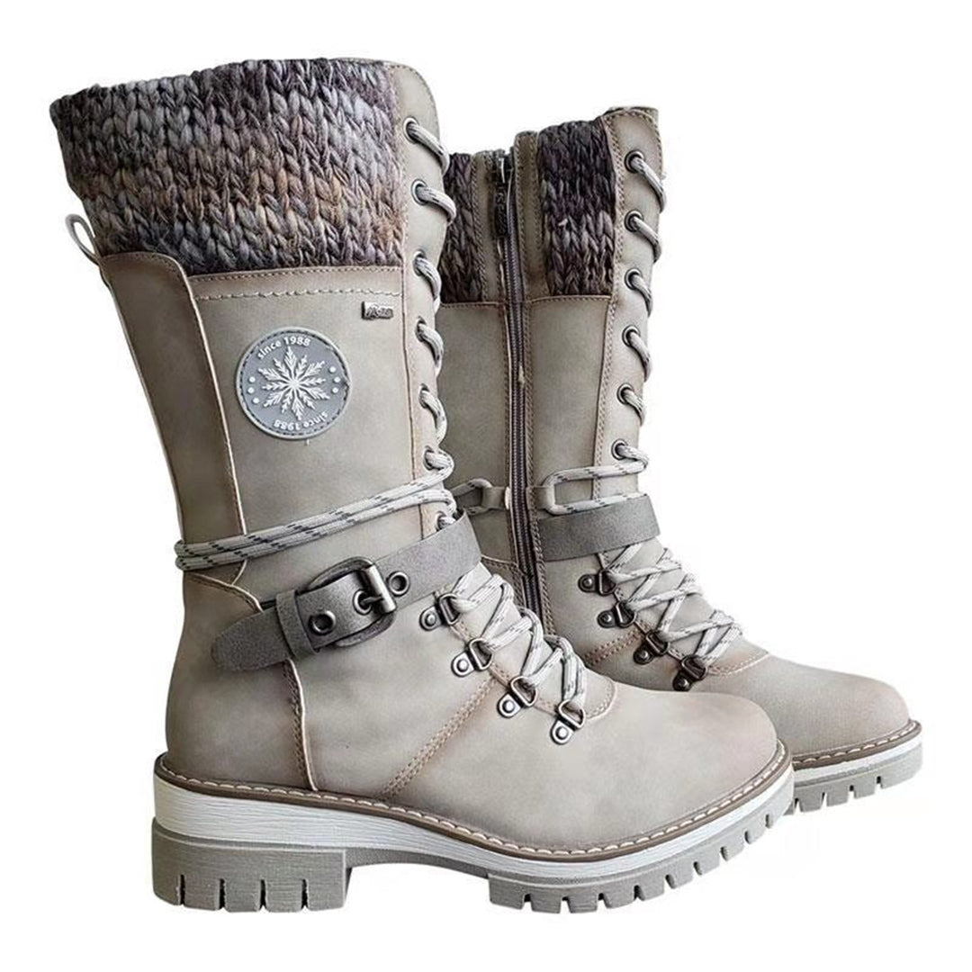 Women's Knee-High Boots - Lace-Up with Knit Cuff and Side Zip