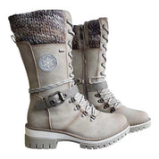 Women's Knee-High Boots - Lace-Up with Knit Cuff and Side Zip