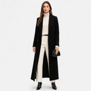 Women's Black Maxi Coat - Notch Lapel with Button Closure