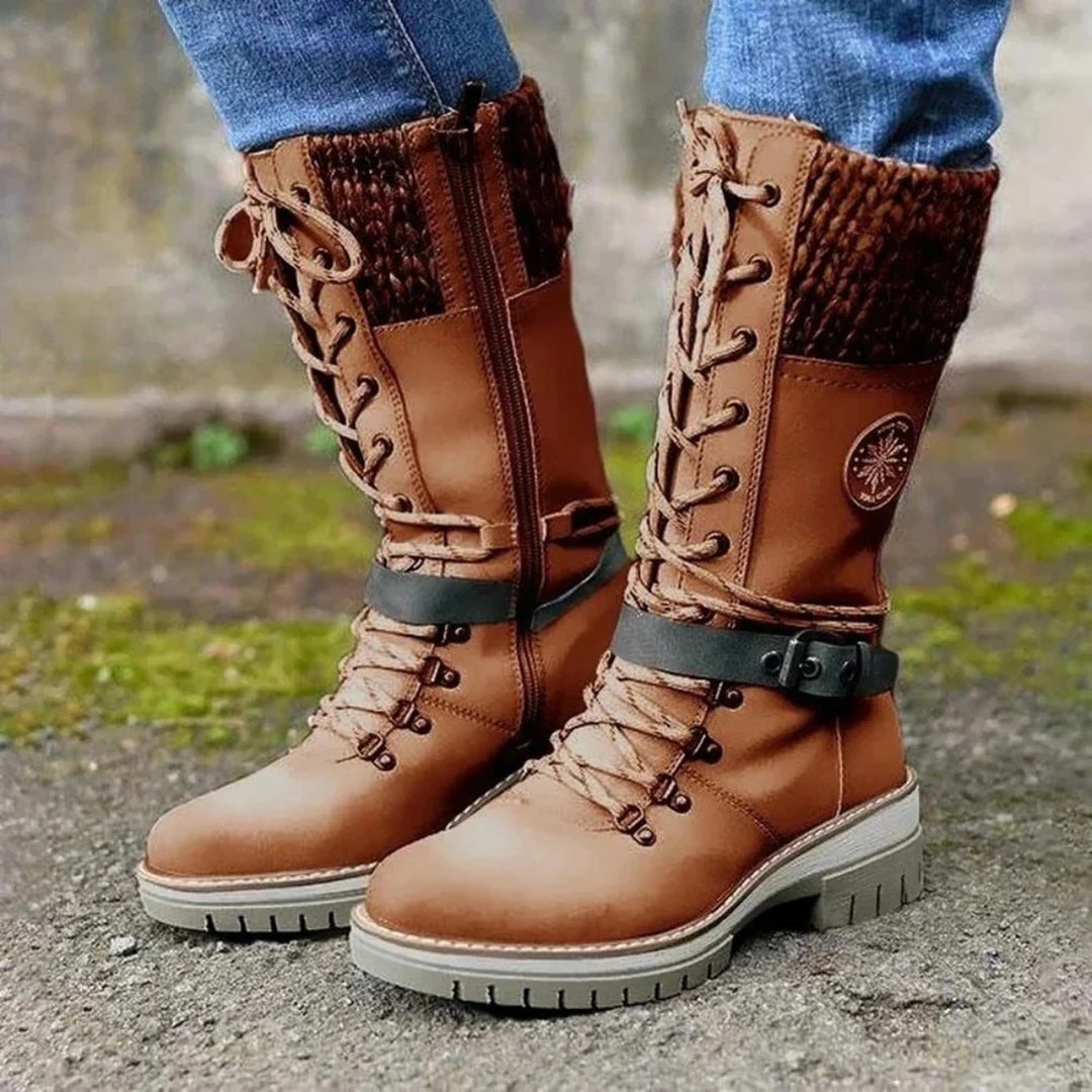 Women's Knee-High Boots - Lace-Up with Knit Cuff and Side Zip