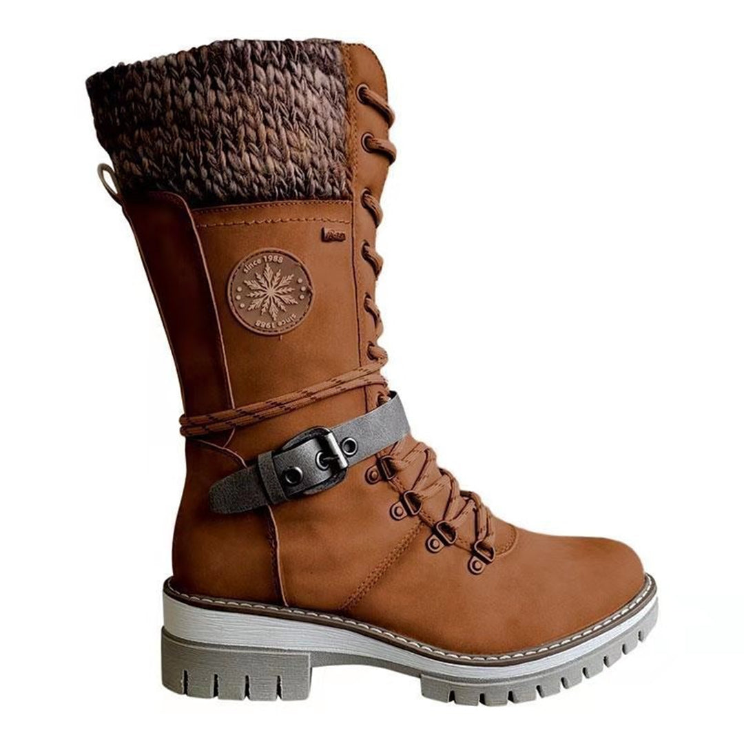 Women's Knee-High Boots - Lace-Up with Knit Cuff and Side Zip