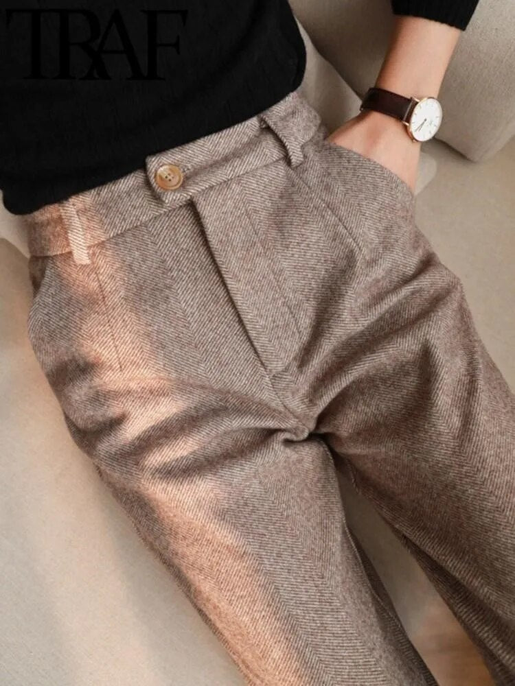 Women's High Waisted Work Trousers - Herringbone Tapered Fit