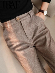 Women's High Waisted Work Trousers - Herringbone Tapered Fit